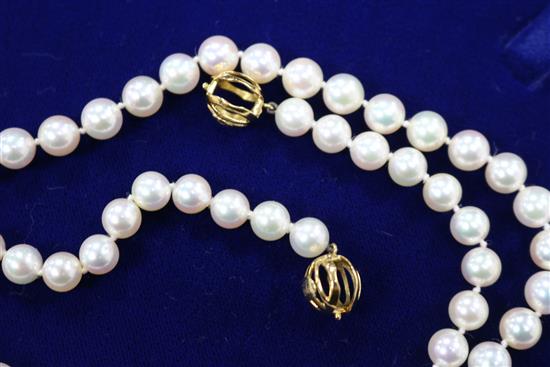 *A Mikimoto single strand cultured pearl necklace with 18ct gold clasp, with Mikimoto box, 36in.